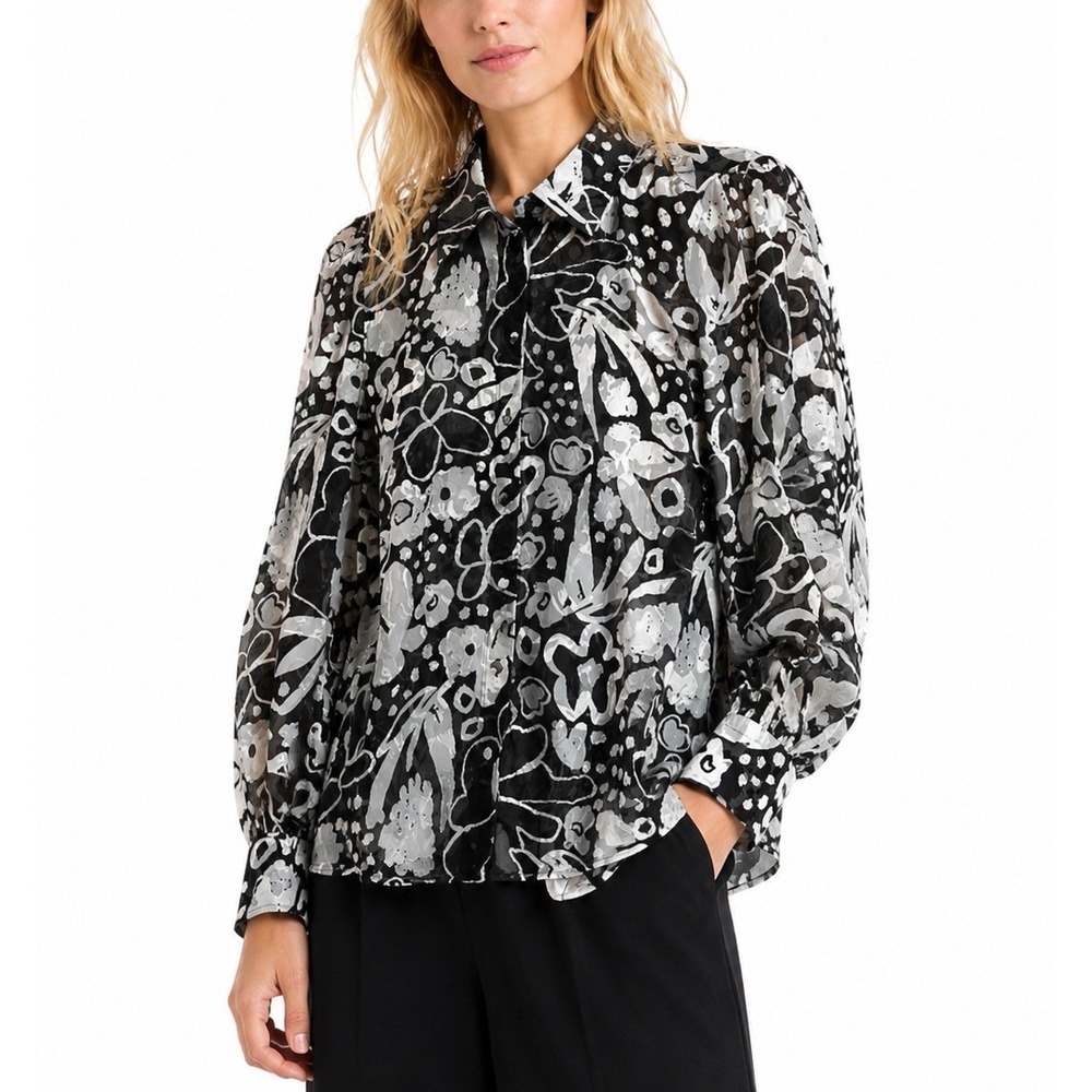 Gorman Black White Floral Burnout Devore Sheer Button Down Shirt Womens 10